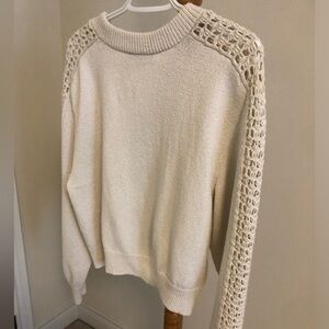 Cream sweater with crochet sleeves, wear as cardi or sweater, medium